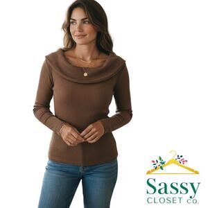 OGL Brown Ribbed Off Shoulder Top Built‑In Bra Long Sleeve Lined Sz L Like New